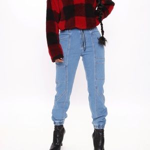 Fashion Nova In The Bag Cargo Denim Joggers - Medium Blue Wash